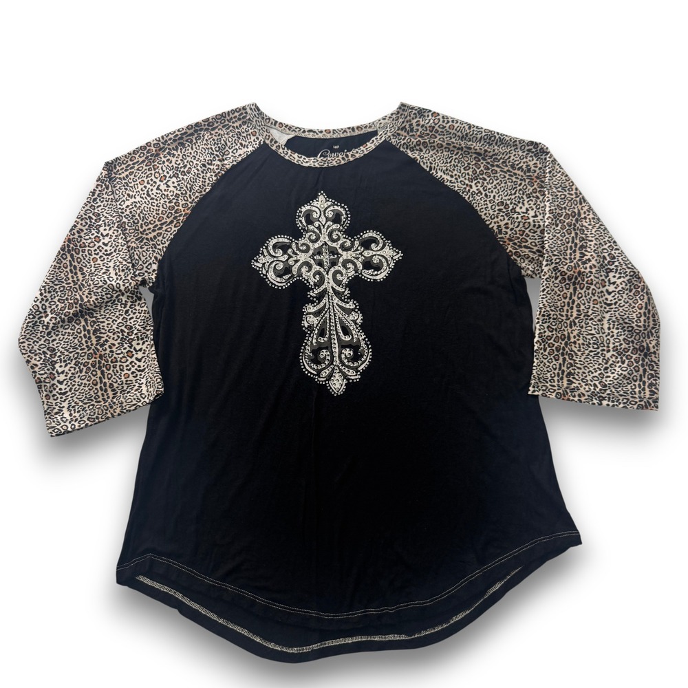 Cowgirl Hardware Womens Med Black Leopard Print Rhinestone Cross 3/4 Sleeve Top